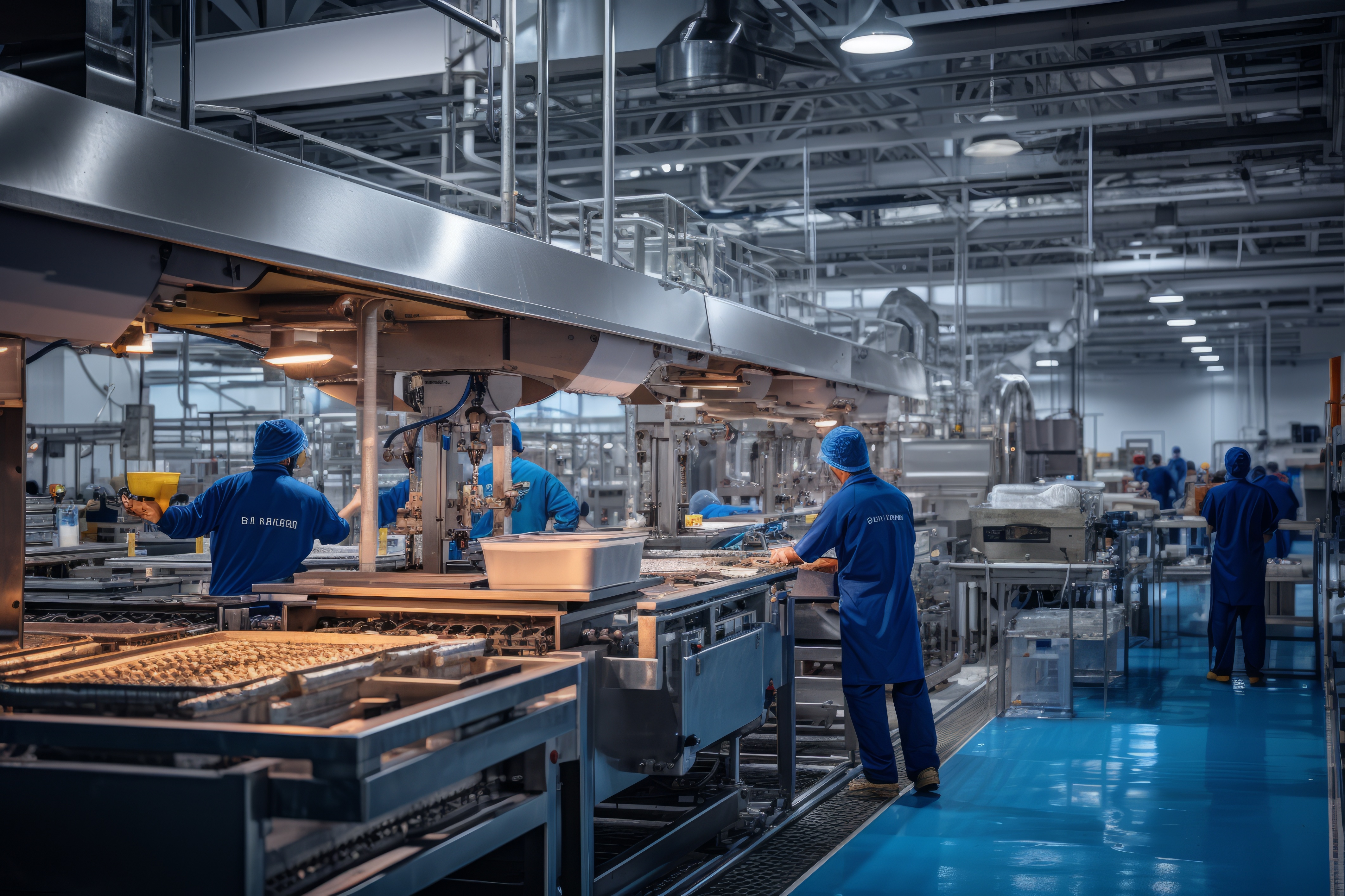 Modern food processing facility with automated machinery and workers in protective clothing handling packaged food products on a production line.